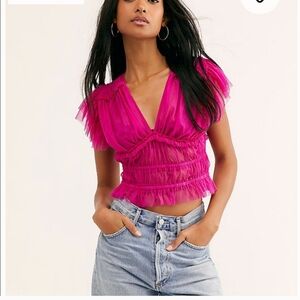 Free People Women's Making Me Smile Top Cropped Sheer V-Neck Ruched Size S